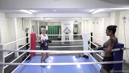 Trans boxers bareback mutual fucking on the boxing ring