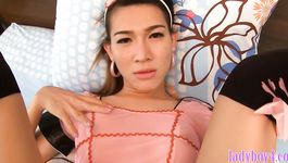 Ladyboy maid cleans a white cock with her mouth before anal