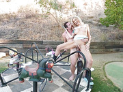 Blonde TS bimbo takes balls deep anal pounding outdoors