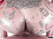 Busty tranny gets her big tattooed ass fucked in POV