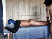Trans beauty massages a guy before fucks and creampies his ass