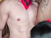 Dude get gangbanged by 4 horny trannies