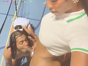 Hung black tgirl topping a dude and girl on the tennis court