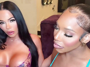Black and Latina shemales double fucks horny girl