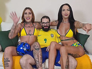Two Brazilian trannies and a guy in a mutual anal threesome