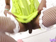 Ladyboy cutie takes a huge dildo and cock up her asshole