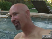 Sexy ladyboy Eva Lin fucked guy outdoors by the poolside