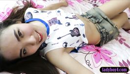 Teen ladyboy pulls her panties aside and poked in her ass