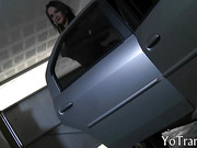 Busty shemale Jennifer Satine gives blowjob and ass fucked