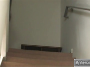 Skinny shemale Domino Presley anal pounded in the kitchen