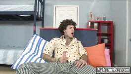 Busty blonde shemale Delia De Lions gets her asshole nailed