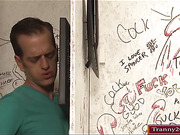 Busty tranny Diamond Dixon sucks through gloryhole n banged