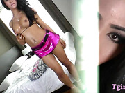 Sexy brunette shemale Candy N asshole rammed hard on the bed